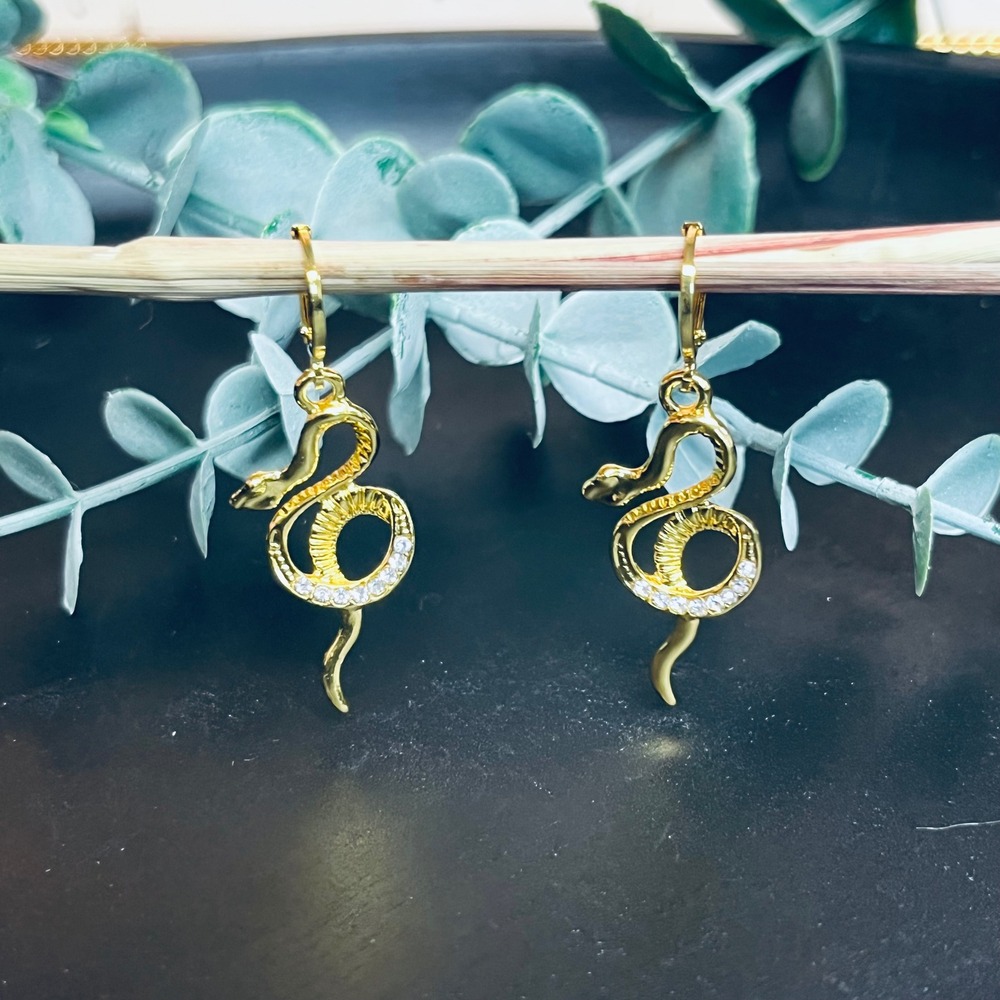 Snake Huggie Earrings 14K | Serpent Hoop Dangle | Witchy Boho‎